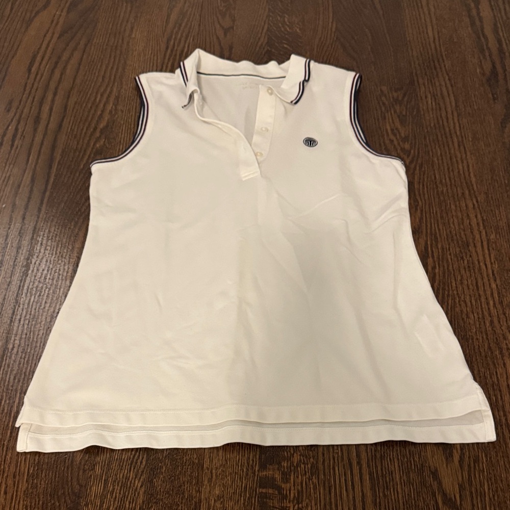 Tory Sport White Sleeveless Polo Tank with Navy Trim